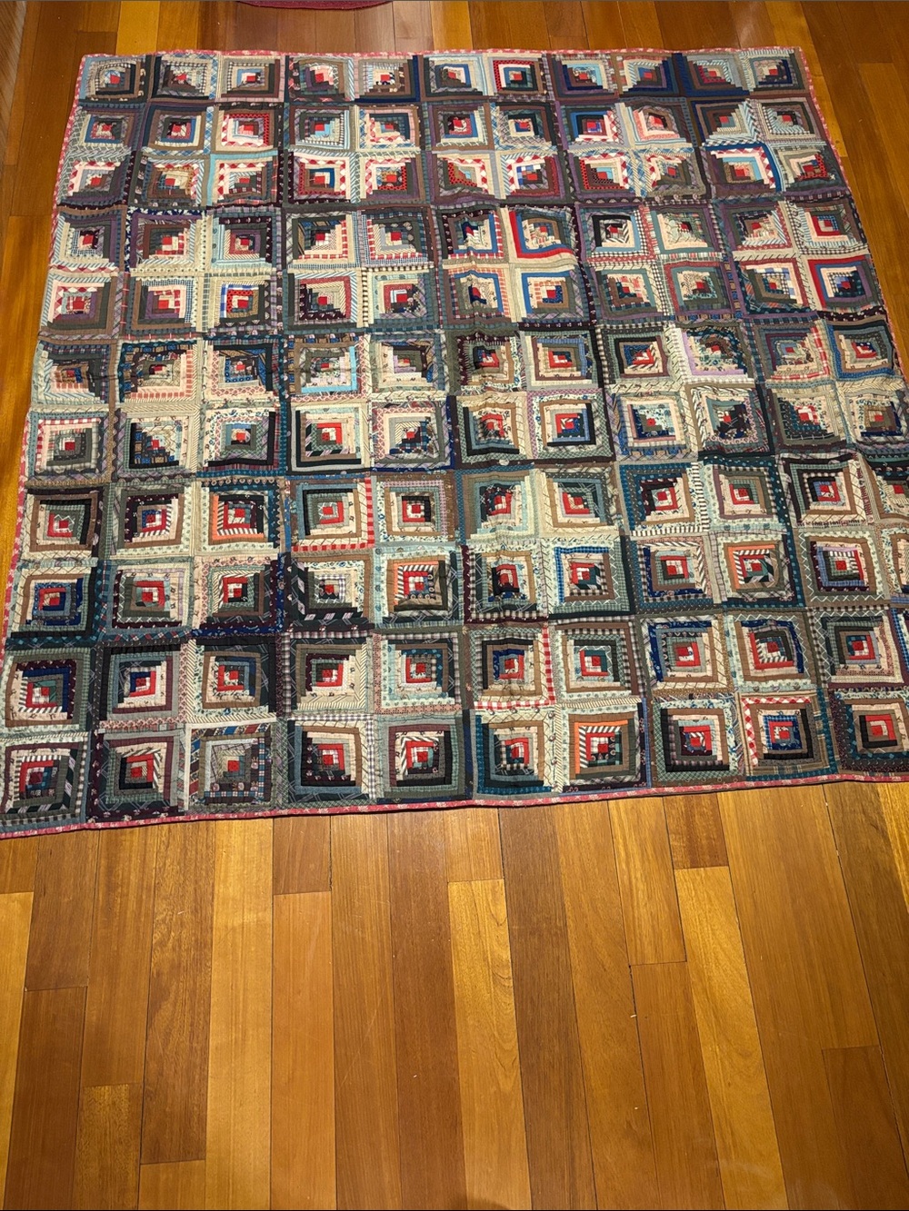 Log cabin Handmade Patchwork Quilt in Blue, Red, Cream